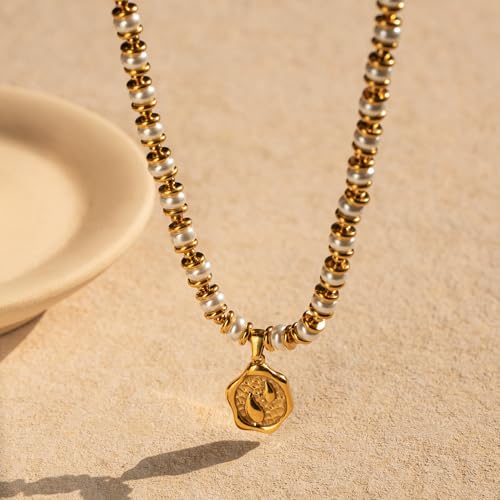 NUZON Sunburst Heart / 2-Tone Interlocking/CZ Evil Eye/Single Pearl/Love Heart Pendant Necklace for Women 14K Gold Chain Necklace Chunky Statement Jewelry - color: Pearl Beaded & Teardrop Pendant