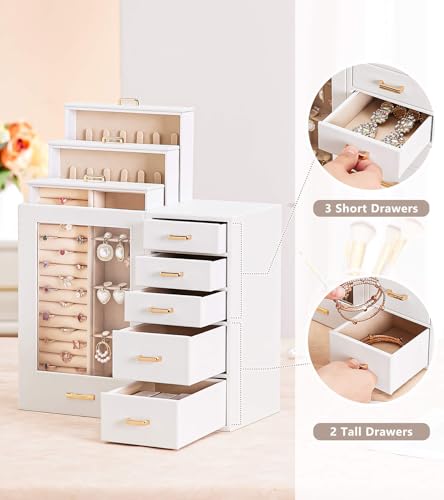 Homde Large Jewelry Box/Organizer/Case with Glass Window, Drawers for Necklaces Earrings Rings Bracelets Watches Gift for Women Girls - color: White