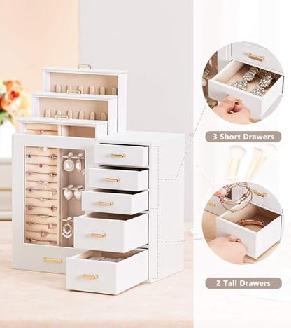 Homde Large Jewelry Box/Organizer/Case with Glass Window, Drawers for Necklaces Earrings Rings Bracelets Watches Gift for Women Girls - color: White