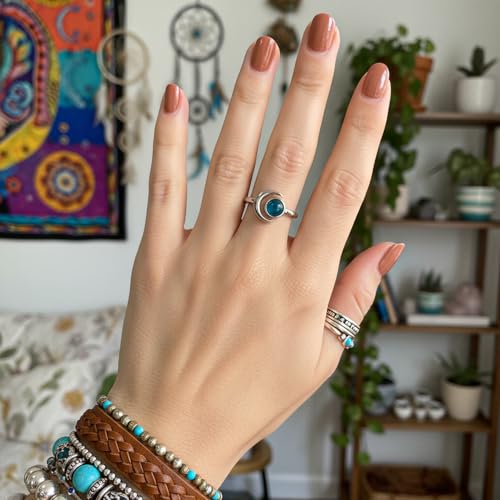 Sun and Moon Ring, Adjustable Natural Stone Rings for Women & Men, Boho Celestial Jewelry for Daily Wear - color: Apatite