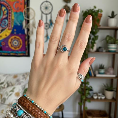 Sun and Moon Ring, Adjustable Natural Stone Rings for Women & Men, Boho Celestial Jewelry for Daily Wear - color: Apatite