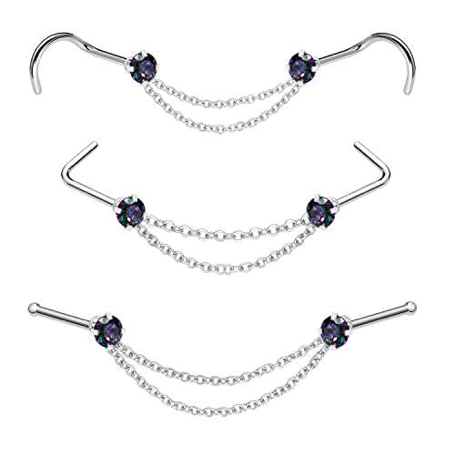 Nose Ring Chain Across Nose Black Stainless Steel Nostril Nose Piercing Chain with Cubic Zirconia Nose Screw Bone L-Shaped Ring for Women Body Piercing Nostril Jewelry with Bridge Chain - color: Silver-Double Nose Chain Studs