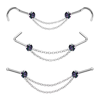Nose Ring Chain Across Nose Black Stainless Steel Nostril Nose Piercing Chain with Cubic Zirconia Nose Screw Bone L-Shaped Ring for Women Body Piercing Nostril Jewelry with Bridge Chain - color: Silver-Double Nose Chain Studs