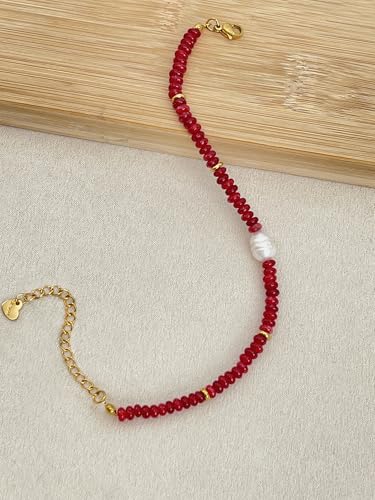 Gemstone Beaded Bracelets with Freshwater Pearl | Crystal Beaded Bracelet Boho Natural Stone Trendy Jewelry Gifts - color: Red