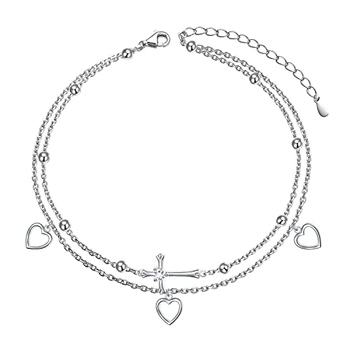 Flyow Anklet for Women S925 Sterling Silver Adjustable Foot Beaded Heart Charm Ankle Bracelet Anklets Jewelry - style: cross and heart
