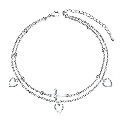 Flyow Anklet for Women S925 Sterling Silver Adjustable Foot Beaded Heart Charm Ankle Bracelet Anklets Jewelry - style: cross and heart
