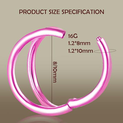 Titanium Septum Rings, Nose Rings Hoops for Women, Segment Nose Rings 16G 8mm/10mm Hypoallergenic Cartilage Conch Helix Rook Hoop Earrings - color: Double Stacked-Pink, size: 16 Gauge 8mm