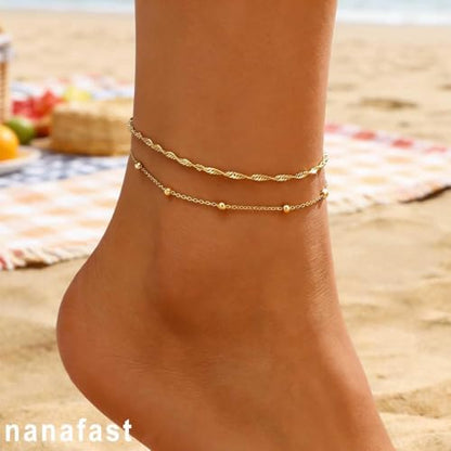Nanafast Gold Anklet Set for Women – Dainty Twisted Chain & Beaded Ankle Bracelets Foot Jewelry - color: Gold