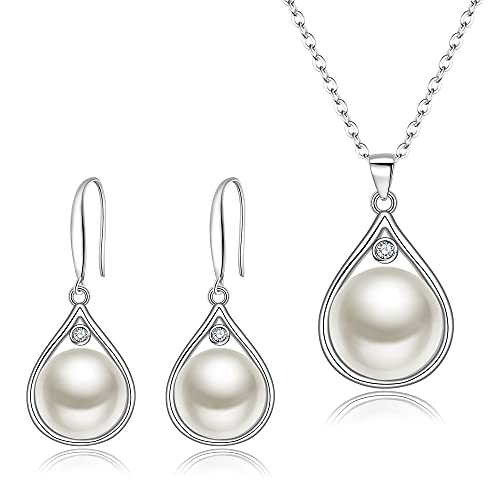 EleQueen 925 Sterling Silver CZ Freshwater Cultured Pearls Bridal Pendant Necklace Earrings Wedding Jewelry Sets, Valentine's Day/Mother's Day/Christmas Gift - style: Pearl Necklace Dangle Earrings