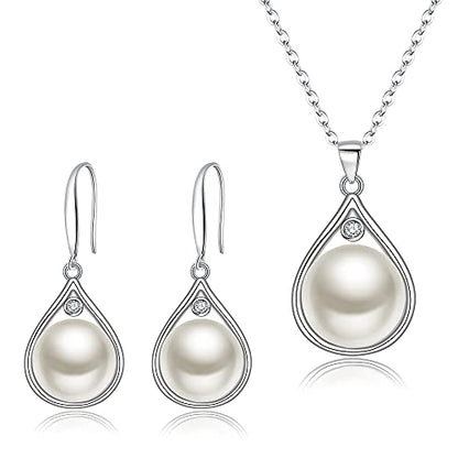 EleQueen 925 Sterling Silver CZ Freshwater Cultured Pearls Bridal Pendant Necklace Earrings Wedding Jewelry Sets, Valentine's Day/Mother's Day/Christmas Gift - style: Pearl Necklace Dangle Earrings