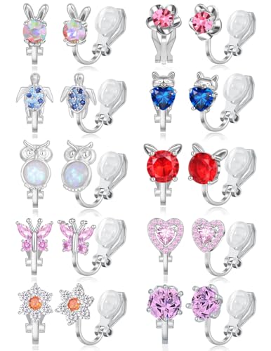 Tornito 10-15 Pairs Clip on Stud Earrings Non Pierced Teardrop Round Square CZ Pearl Twist Knot Flower Butterfly Heart Star Rainbow Cat Opal Clip on Earrings for Women - color: F: 10 Pairs Silver Tone