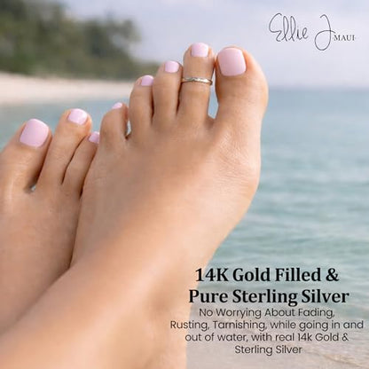 Ellie J Maui 14K Gold Filled Toe Rings for Women Adjustable Open Back Hammered Toe Ring Handmade Non Tarnish Dainty Gold Toe Ring Summer Beach Foot Jewelry (Rose Gold, Silver, Gold) - color: 14k Gold Filled (Set of 2 )
