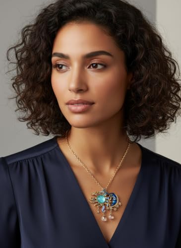 Vintage Exaggerated Sun God Face Pendant Necklace Lake Blue Crystal with Moon Star Details, Retro Metal Craft Jewelry for Women, Elegant for Daily Wear Special Occasions