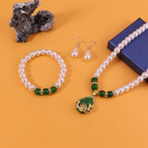 CSIYANJRY99 Pearl Jewelry Set for Women Prom Accessorie Faux Pearl Necklace Bracelet Earring Set Bride Bridesmaid Costume White Jewelry Sets - color: B-Green