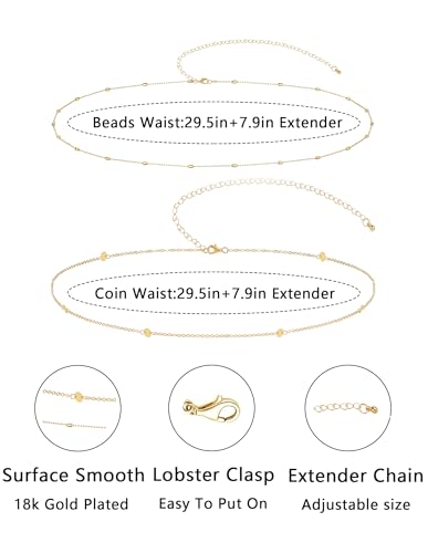 2Pcs Waist Chain 18K Gold Plated Belly Chain Coin Sequin Satellite Beaded Snake Box Chain Layered Body Chain Sexy Bikini Summer Beach Body Jewelry Accessories for Women Adjustable - style: beaded chain