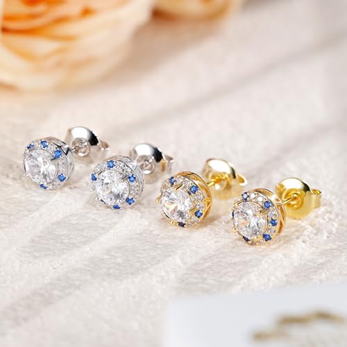 Titanium Stud for Sensitive Ears, Gold Plated Halo Cubic Zirconia Earrings - color: Round White Stud