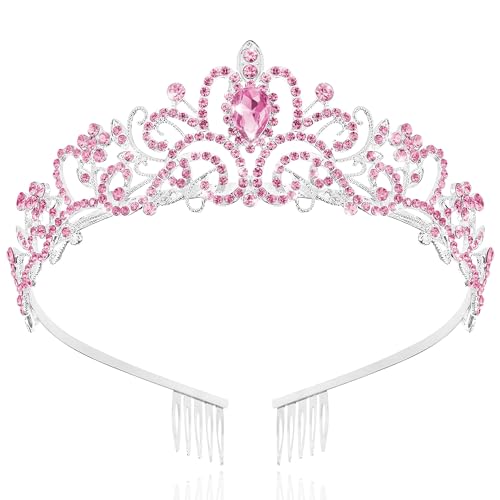 TAROSE Tiaras for Women, Birthday Crown and Sash for Girls | Birthday Sash Sunglasses Outfit, Birthday Gift for Women Girls, Goddess Crown Bride/Halloween/Prom/Party/Costume - color: 1 I. Silver+full Pink