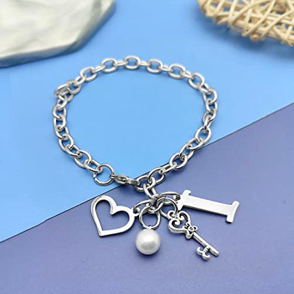 Initial A-Z Bracelets Gift for Women Girls Stainless Steel Chain Bracelet 26 Alphabet Jewelry Gifts for Birthday Anniversary Letter Bracelet Monogram Gifts for Sister Friend Girlfriends Mom 8.26 Inch - color: I
