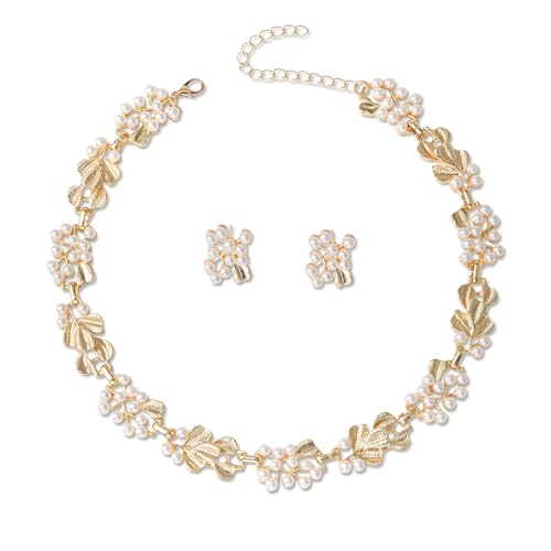 Fashion Bride Silver Gold Plated Black 1920s Leaf Faux Pearls Necklace Earrings Set Wedding Jewelry Set Sparkly Choker Necklace Stud Earrings Set for Women Christmas Gift Set for Women Necklace and Earrings - color: Gold Plated
