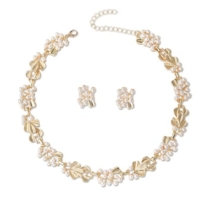 Fashion Bride Silver Gold Plated Black 1920s Leaf Faux Pearls Necklace Earrings Set Wedding Jewelry Set Sparkly Choker Necklace Stud Earrings Set for Women Christmas Gift Set for Women Necklace and Earrings - color: Gold Plated