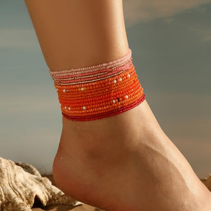 18Pcs Boho Stackable Beaded Bracelets for Women Colorful Handmade Multilayered Rice Beads Anklets Set Summer Beach Bohemian Jewelry Gift - color: Style 1 Orange