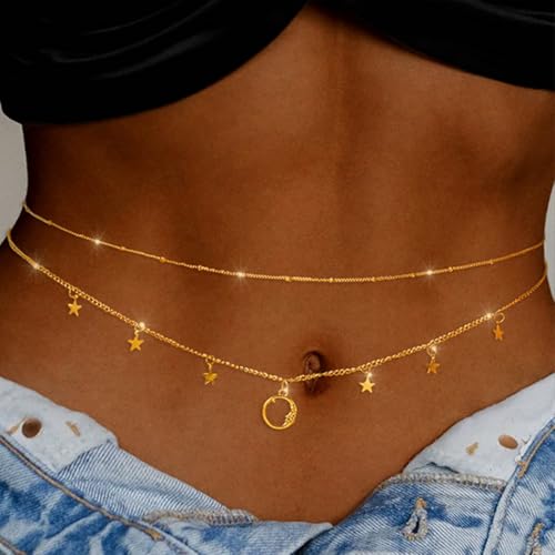 Tgirls Gold Waist Chain for Women Rhinestone Layered Belly Chains Beads Body Chain Heart-Shaped Beach Body Jewelry for Summer - style: Star 2