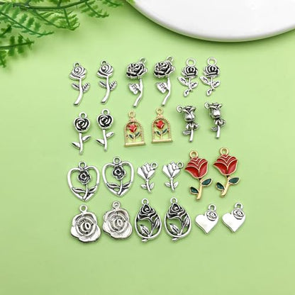 Sailanzi 96pcs Alloy Ancient Silver Rose Series Pendant Jewelry Making DIY Keychain Earrings Pendant Various Design Charms for Jewelry Making Bracelets Necklace (SN439) - color: SN439