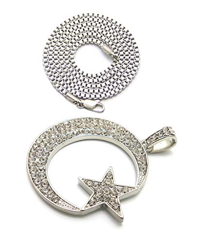 Fashion 21 Unisex Iced Out Crescent Moon & Star Pendant 24" Various Chain Necklace in Gold, Silver Tone - color: Silver / 2mm 24" Box Chain