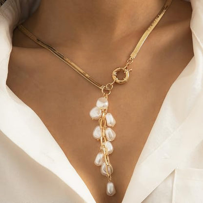 Women's Baroque Beaded Y Necklace, Trendy Pendant Long Choker, Simple Daily Wear Jewelry Gift - color: Golden