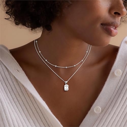 Layered Dainty Necklaces for Women Set, 14K Gold Silver Plated Choker Chain Simple Pendant Necklace Stackable, Trendy Prom Jewelry Gifts for Women - color: Diamond1-Silver