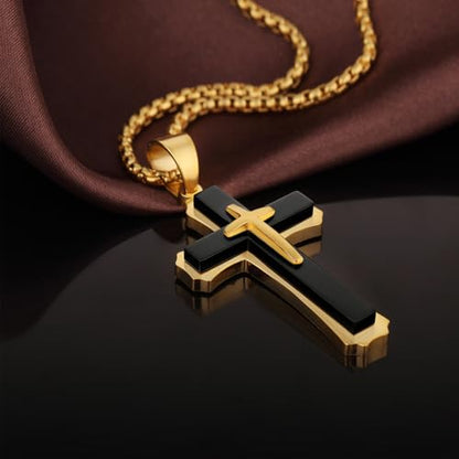 Men's Cross Necklace 316L Stainless Steel Large Heavy Cross Pendant for Men Polished Jewelry Rolo Chain with 22'' 24'' 26'' - color: G-Black and Gold-Tone, size: 22 inch