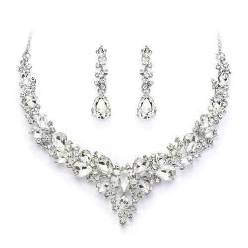 Women's Wedding Statement Necklace Dangle Earring Jewelry | Austrian Crystal Teardrop Cluster,Necklaces Earrings Set for Bride Bridesmaid,Prom Accessories - color: 10-Clear Rhodium-Tone