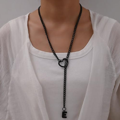 sroyte Black Heart Slip Chain Initial Necklaces for Women,Stainless Steel O-Ring Adjustable Lariat Heart Y-Necklace,Punk Gothic Cuban Collar Choker Necklace for women - color: Black E