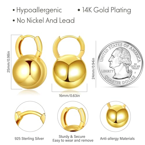14k Gold Plated Ball Dangle Earrings for Women Sterling Silver Ball Drop Earrings Hypoallergenic Round Balls Hoop Earring Leverback Lightweight Earrings Fashion Jewelry - color: 01-gold