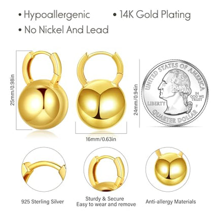 14k Gold Plated Ball Dangle Earrings for Women Sterling Silver Ball Drop Earrings Hypoallergenic Round Balls Hoop Earring Leverback Lightweight Earrings Fashion Jewelry - color: 01-gold