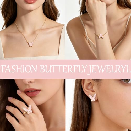 Butterfly Jewelry Set, Including Butterfly Necklace, Bracelet, Stud Earrings, and Adjustable Ring for Women - color: Pink