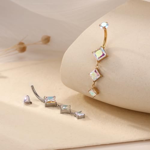 FUNLMO Dangle Belly Button Ring Titanium Belly Rings Belly Button Piercing Cube Zircon Internally Threaded Floating Navel Piercing Jewelry 14G 10mm - color: Gold,Aurora Borealis CZ