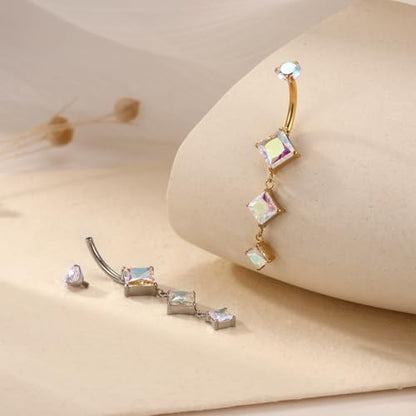 FUNLMO Dangle Belly Button Ring Titanium Belly Rings Belly Button Piercing Cube Zircon Internally Threaded Floating Navel Piercing Jewelry 14G 10mm - color: Gold,Aurora Borealis CZ