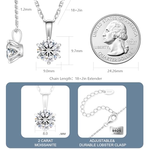KRKC Moissanite Pendant Solitaire Necklace for Women, 0.5CT/1CT/2CT/3CT/4CT Lab Created Diamond Pendant, 6-Prong, VVS1 Clarity D Color, Adjustable S925 Sterling Silver Chain, 14K White Gold Plated, Anniversary Romantic Gift for Her, Birthday Gifts for Wif
