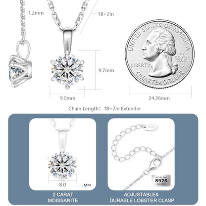 KRKC Moissanite Pendant Solitaire Necklace for Women, 0.5CT/1CT/2CT/3CT/4CT Lab Created Diamond Pendant, 6-Prong, VVS1 Clarity D Color, Adjustable S925 Sterling Silver Chain, 14K White Gold Plated, Anniversary Romantic Gift for Her, Birthday Gifts for Wif