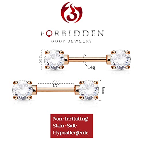Forbidden Body Jewelry 14g 1/2 Inch (12mm) Surgical Steel & Gold Plated CZ Crystal Front Facing Gemmed Nipple Ring Barbell Set - style: Rose Gold Plated Clear
