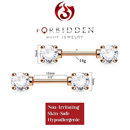 Forbidden Body Jewelry 14g 1/2 Inch (12mm) Surgical Steel & Gold Plated CZ Crystal Front Facing Gemmed Nipple Ring Barbell Set - style: Rose Gold Plated Clear