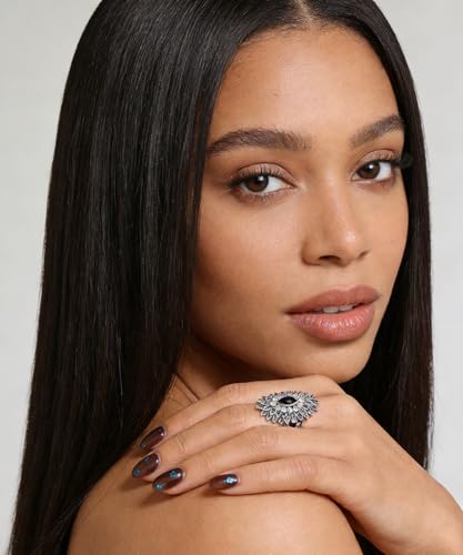 Boho Retro Rhinestone Ring Ethnic Big Flower Crystal Finger Ring Trendy Statement Tribal Indian Dance Costume Ring Jewelry for Women - color: Silver-black