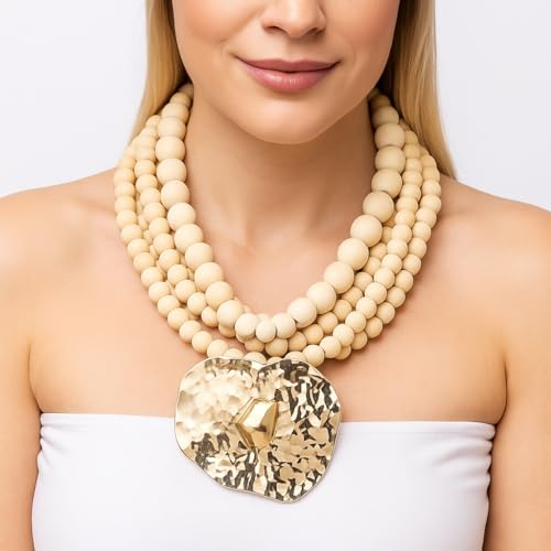 Multi Strand Bead Pendant Necklace for Women Stone Wood Pearl Jewelry | Gold Color Metal Charm Fashion Ethnic Tribal Elegant Statement - color: N1537-wood