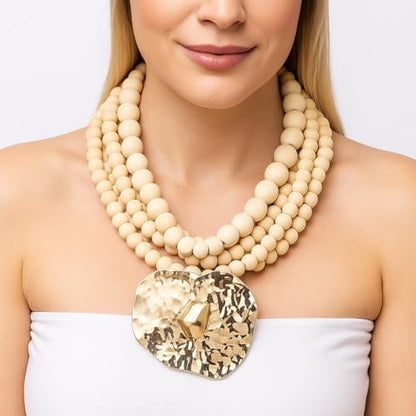 Multi Strand Bead Pendant Necklace for Women Stone Wood Pearl Jewelry | Gold Color Metal Charm Fashion Ethnic Tribal Elegant Statement - color: N1537-wood