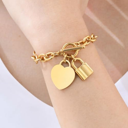 VNOX Personalized Initial Name Stainless Steel Trendy Cable Chain Bracelet Neckalce Set with Padlock Heart Charm and Toggle Clasp Closure - color: Gold Bracelet