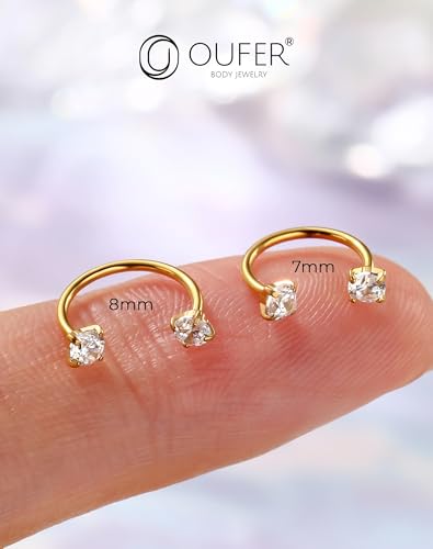 OUFER 2PCS 316L Surgical Steel Horseshoe Nose Rings Hoops, 20G Push Pin Threadless Nose Rings For Women Men, Double Crystal Horseshoe Septum Lip Eyebrow Helix Daith Ear Piercing Jewelry-7mm and 8mm - color: Gold, Clear CZ