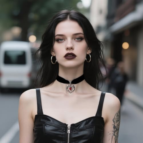 Gothic Black Velvet Goth Choker Necklace for Women,Cameo Black Choker Crow Skull Pendant Necklace Vintage Collar Skull Necklace Gothic Jewelry - style: Heart red