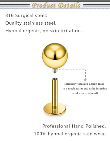Internally Threaded Labret Studs 18G 16G 14G Surgical Steel Lip Piercing Jewelry with Claw Tool Monroe Snake Bite Jewelry Flat Back Barbell for Women Men Plus Piercing Ball Grabber Tool - color: goldtone, size: 14g,ball end