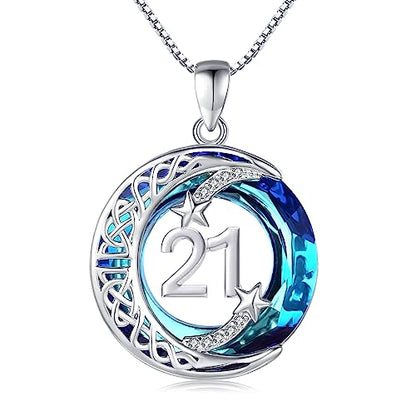 JUSTKIDSTOY Birthday Gifts for Women Girls 925 Sterling Silver Celtic Moon Star Necklace with Blue Crystal Pendant Jewelry for Sister Friends - style: 21st